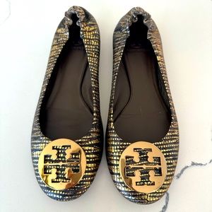 Tory Burch Black and Gold Reva Logo Ballet Flats